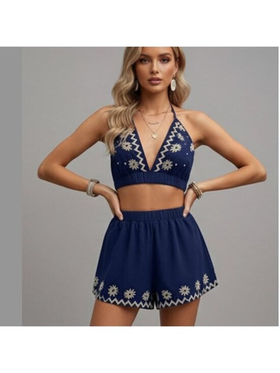 By Design Pants - LAST ONE 🔥 Floral Embroidery Crop Tank Top And Loose Shorts Set Blue